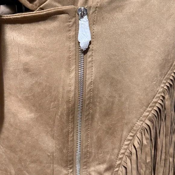 Western Tan fringe cropped moto zip jacket faux suede with belt women’s MEDIUM - Picture 6 of 15